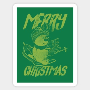 Skiing Snowman - Merry Christmas - Green Sticker